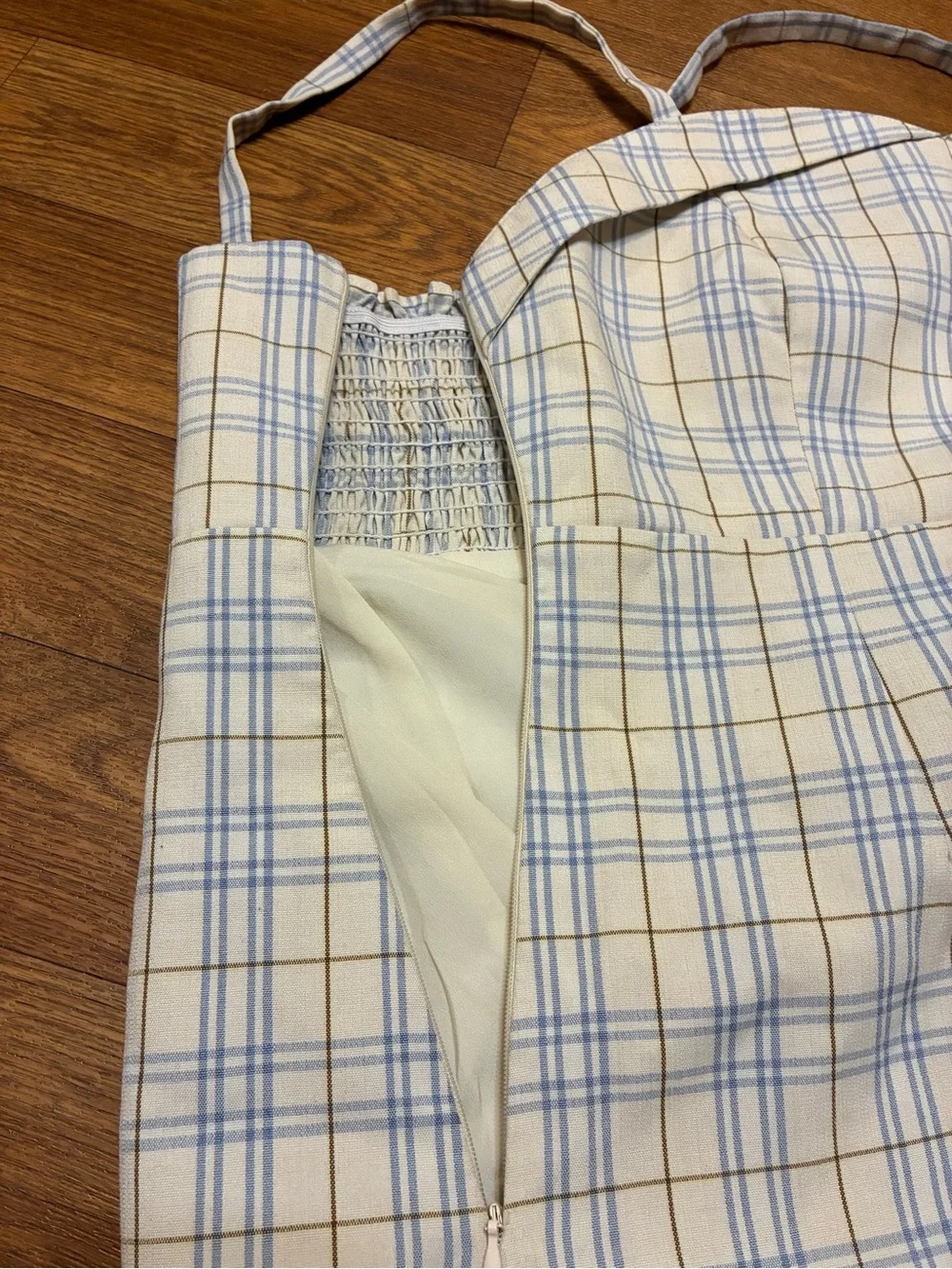 Sleeveless Plaid A-Line Dress in Cream and Light Blue Size Medium
